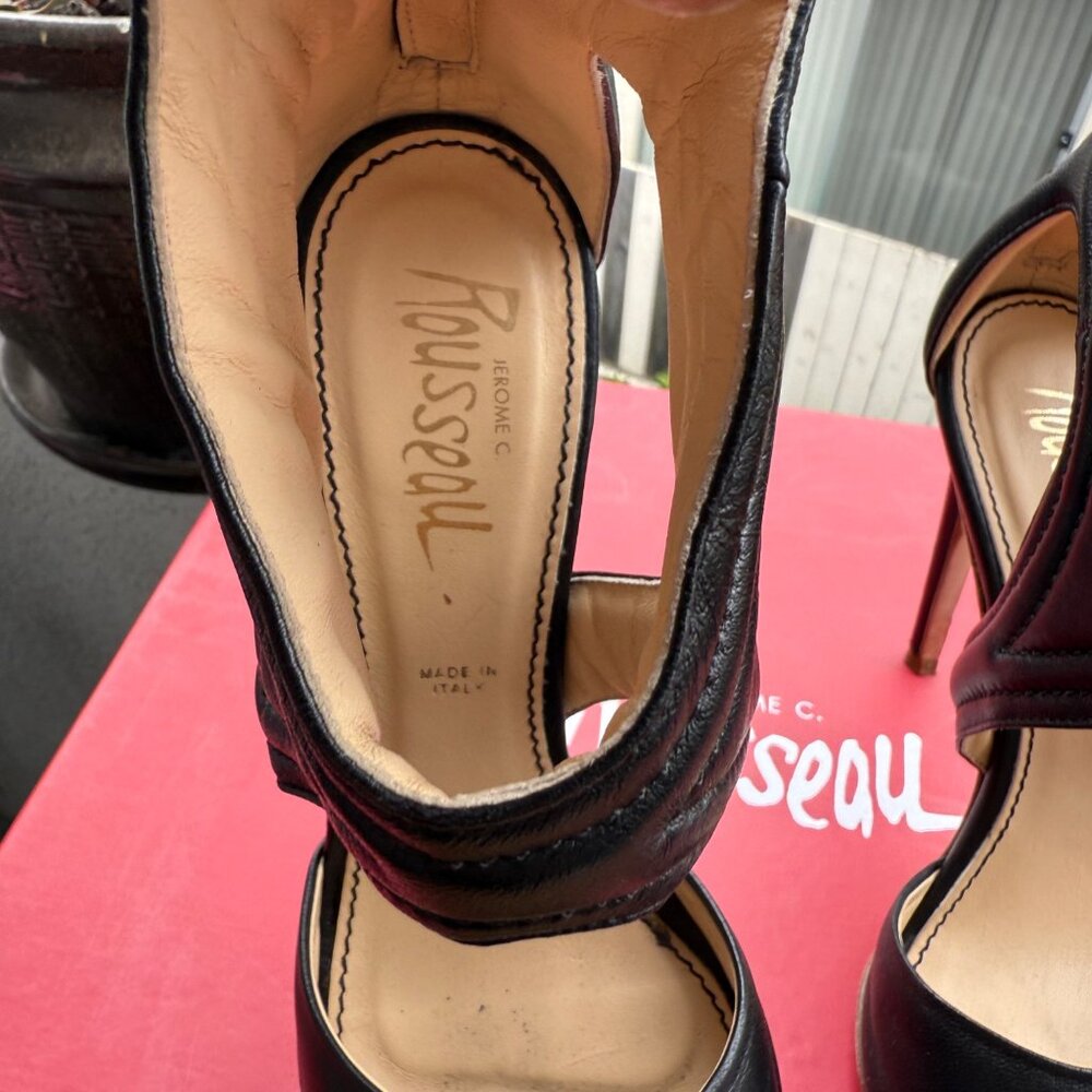Jerome C. Rousseau Black Leather Cutout High Heel Sandals Size 36/5.5 Made In It - Picture 5 of 10